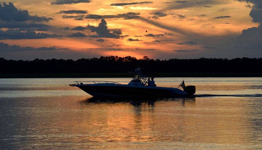 Two fishermen driving in a bass boat on the lake as the sun sets behind trees in the background.